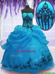 Latest Blue Ball Gowns Embroidery Quinceanera Gowns Lace Up Organza Sleeveless Floor Length