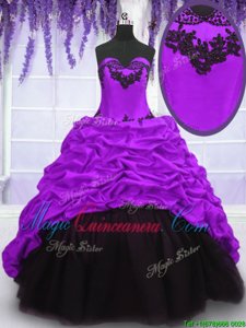 Fantastic Taffeta Sleeveless With Train Vestidos de Quinceanera Sweep Train and Appliques and Pick Ups
