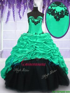 Glamorous Pick Ups Black and Turquoise Sleeveless Taffeta Sweep Train Lace Up 15th Birthday Dress for Military Ball and Sweet 16 and Quinceanera