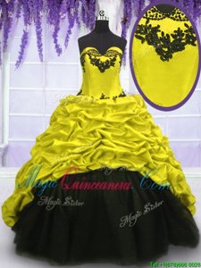 Affordable Taffeta Sweetheart Sleeveless Sweep Train Lace Up Appliques and Pick Ups Sweet 16 Quinceanera Dress in Black and Yellow Green