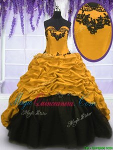 Pick Ups Ball Gowns Sleeveless Black and Gold 15th Birthday Dress Sweep Train Lace Up