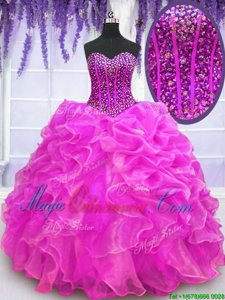 Gorgeous Floor Length Fuchsia Quince Ball Gowns Organza Sleeveless Beading and Ruffles