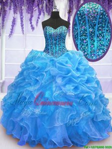 Blue Organza Lace Up 15th Birthday Dress Sleeveless Floor Length Beading and Ruffles