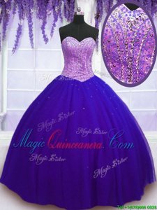 Extravagant Purple Sleeveless Floor Length Beading Lace Up Vestidos de Quinceanera