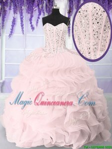 Lovely Pink Sweetheart Neckline Beading and Ruffles Vestidos de Quinceanera Sleeveless Lace Up