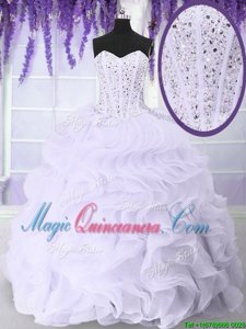 Floor Length White Ball Gown Prom Dress Organza Sleeveless Beading and Ruffles