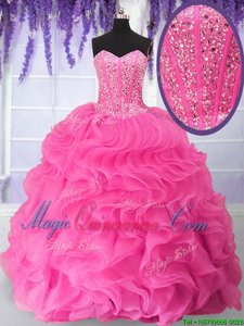 Glorious Ball Gowns Quinceanera Gown Hot Pink Sweetheart Organza Sleeveless Floor Length Lace Up