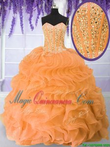 Extravagant Orange Organza Lace Up Sweetheart Sleeveless Floor Length Sweet 16 Dresses Beading and Ruffles
