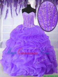 Dynamic Purple Lace Up Sweetheart Beading and Ruffles Quince Ball Gowns Organza Sleeveless