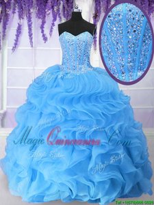 Luxurious Baby Blue Sweetheart Neckline Beading and Ruffles Quinceanera Dresses Sleeveless Lace Up