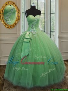 Yellow Green Lace Up Sweetheart Beading and Ruching and Bowknot Quince Ball Gowns Tulle Sleeveless