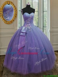 Lavender Sleeveless Floor Length Beading and Ruching and Bowknot Lace Up Sweet 16 Dresses