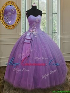 Beauteous Beading and Ruching and Bowknot 15th Birthday Dress Lilac Lace Up Sleeveless Floor Length