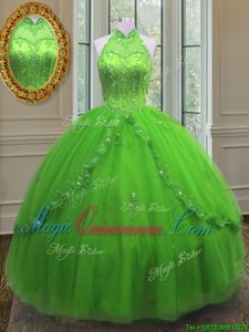 Super Halter Top Neckline Beading and Appliques Sweet 16 Dress Sleeveless Lace Up