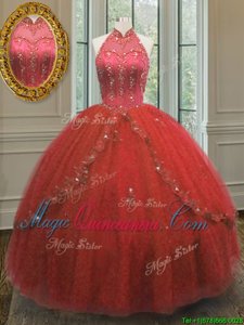 Hot Sale Halter Top Wine Red Sleeveless Beading and Appliques Floor Length Quinceanera Dresses