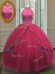 Halter Top Sleeveless Tulle Floor Length Lace Up Vestidos de Quinceanera in Hot Pink for with Beading and Appliques