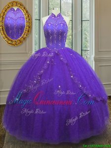 Nice Floor Length Purple Ball Gown Prom Dress High-neck Sleeveless Lace Up