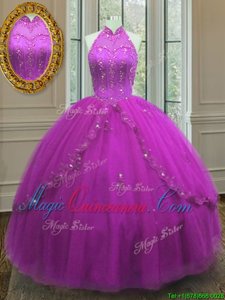 High Class Fuchsia Ball Gowns Tulle High-neck Sleeveless Beading and Appliques Floor Length Lace Up Ball Gown Prom Dress