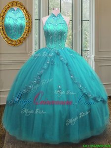 Customized Aqua Blue Ball Gowns Tulle High-neck Sleeveless Beading and Appliques Floor Length Lace Up Quinceanera Dress