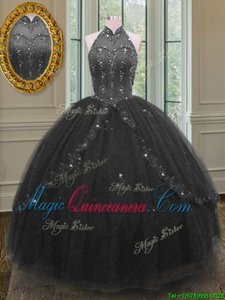 Discount Floor Length Lace Up Quince Ball Gowns Black and In for Military Ball and Sweet 16 and Quinceanera with Beading and Appliques