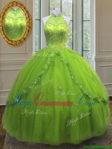 Colorful Floor Length Yellow Green Sweet 16 Dresses High-neck Sleeveless Lace Up