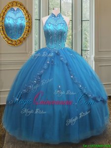 High-neck Sleeveless Lace Up 15 Quinceanera Dress Blue Tulle