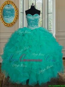 On Sale Sweetheart Sleeveless Quinceanera Gown Floor Length Beading and Ruffles Turquoise Organza