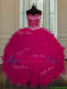 Fantastic Sleeveless Tulle Floor Length Lace Up Vestidos de Quinceanera in Fuchsia for with Beading and Ruffles
