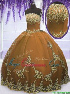 Cute Brown Tulle Zipper Quince Ball Gowns Sleeveless Floor Length Appliques