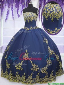Most Popular Navy Blue Zipper Strapless Appliques Sweet 16 Quinceanera Dress Tulle Sleeveless