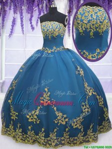 Teal Ball Gowns Tulle Strapless Sleeveless Lace and Appliques Floor Length Zipper Sweet 16 Quinceanera Dress