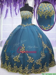 Flirting Strapless Sleeveless Quinceanera Gown Floor Length Lace and Appliques Teal Tulle