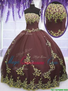 Chocolate Tulle Zipper 15 Quinceanera Dress Sleeveless Floor Length Lace and Appliques