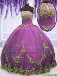 Elegant Purple Quince Ball Gowns Military Ball and Sweet 16 and Quinceanera and For with Appliques Strapless Sleeveless Zipper