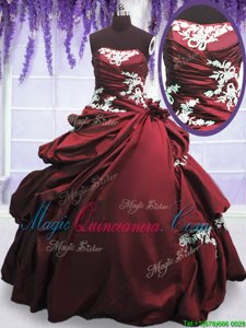 Attractive Halter Top Burgundy Taffeta Lace Up Quinceanera Gowns Sleeveless Floor Length Beading and Appliques and Pick Ups