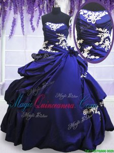 Exquisite Floor Length Blue Ball Gown Prom Dress Taffeta Sleeveless Appliques and Pick Ups