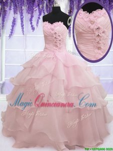 Sleeveless Floor Length Ruffled Layers Lace Up Sweet 16 Quinceanera Dress with Baby Pink