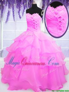 Hot Pink Quince Ball Gowns Military Ball and Sweet 16 and Quinceanera and For with Beading and Ruffled Layers Sweetheart Sleeveless Lace Up