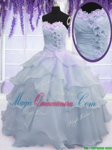 Light Blue Quinceanera Gown Military Ball and Sweet 16 and Quinceanera and For with Ruffled Layers and Ruching and Hand Made Flower Sweetheart Sleeveless Lace Up