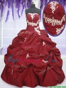 Gorgeous Taffeta Strapless Sleeveless Lace Up Appliques and Pick Ups Ball Gown Prom Dress in Wine Red
