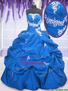 Shining Blue Lace Up Strapless Appliques and Pick Ups Sweet 16 Dresses Taffeta Sleeveless