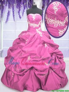 Adorable Rose Pink Taffeta Lace Up Sweet 16 Quinceanera Dress Sleeveless Floor Length Appliques and Pick Ups