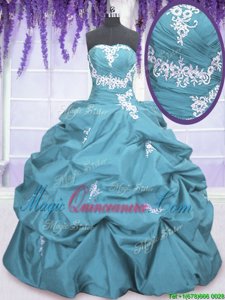 Teal Sleeveless Floor Length Appliques and Pick Ups Lace Up Quinceanera Dresses