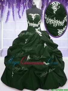 Dark Green and Peacock Green Strapless Lace Up Appliques and Pick Ups 15 Quinceanera Dress Sleeveless