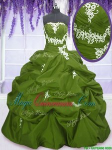 Exceptional Taffeta Strapless Sleeveless Lace Up Appliques and Pick Ups Vestidos de Quinceanera in Olive Green