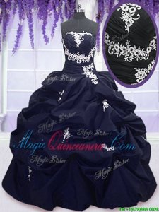 Romantic Navy Blue Lace Up Strapless Appliques and Pick Ups Vestidos de Quinceanera Taffeta Sleeveless