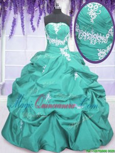 Sleeveless Floor Length Appliques and Ruching and Pick Ups Lace Up 15 Quinceanera Dress with Aqua Blue