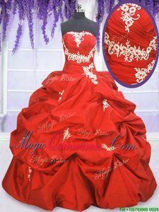 Stunning Coral Red Sleeveless Floor Length Appliques and Ruching and Pick Ups Lace Up Ball Gown Prom Dress