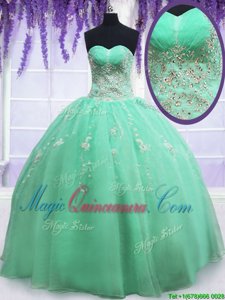 Luxurious Sleeveless Organza Floor Length Zipper Sweet 16 Dresses in Apple Green for with Beading and Embroidery
