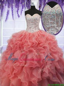 Lovely Coral Red Lace Up Quince Ball Gowns Ruffles and Sequins Sleeveless Floor Length